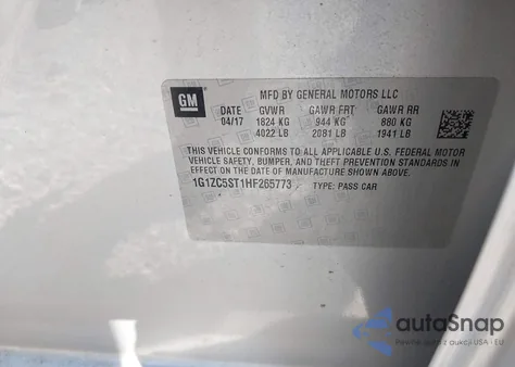 2017 Chevrolet Malibu 1Fl из США, поврежденный, VIN 1G1ZC5ST1HF265773